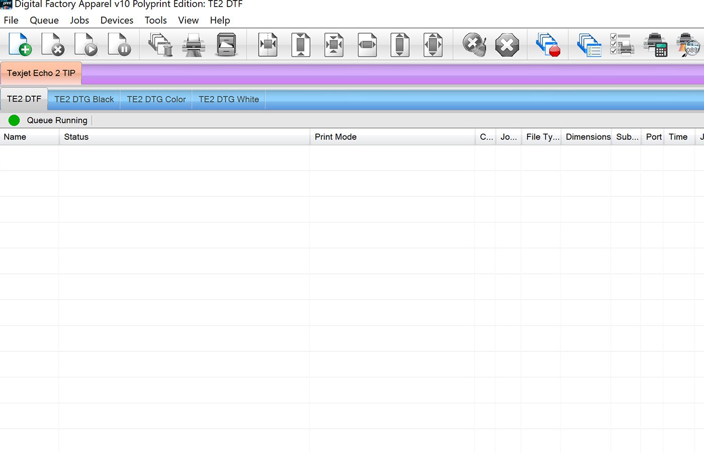 Available print queue tabs on Digital Factory Apparel Polyprint Edition v10